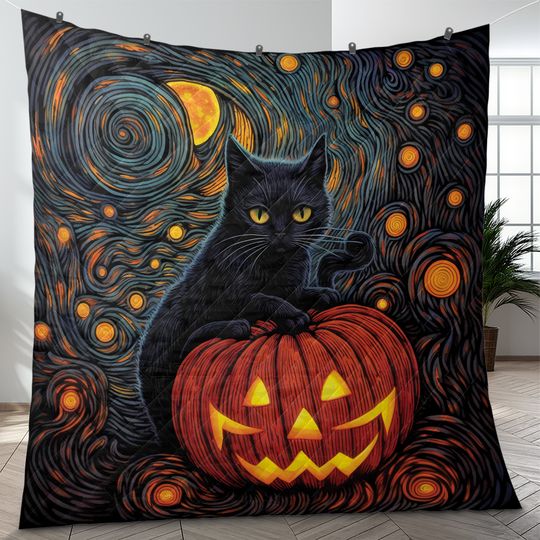 Halloween Quilt Bedding Set: Black Cat, Pumpkin, Starry Night