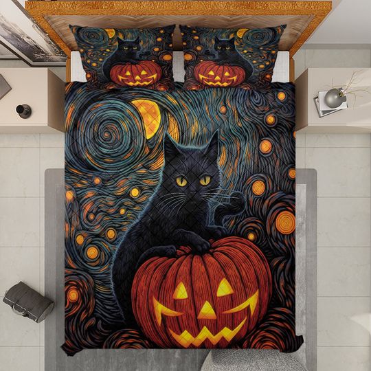 Halloween Quilt Bedding Set: Black Cat, Pumpkin, Starry Night