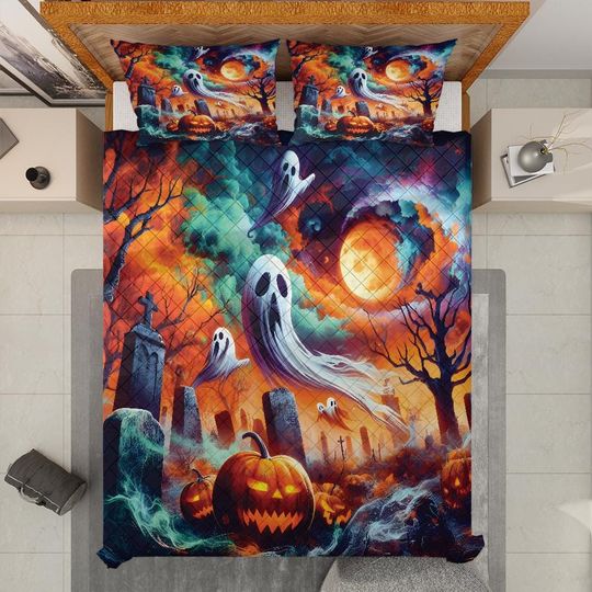 Halloween Quilt Bedding Set: Pumpkin Ghost Graveyard, Cottagecore Decor