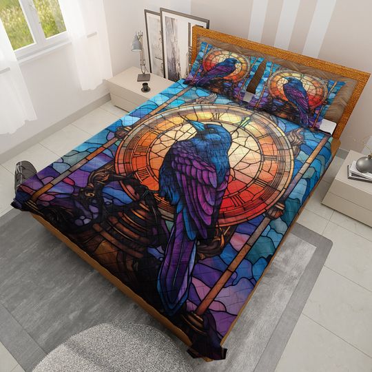 Gothic Raven Quilt Bedding Set: Bird with Clock Blanket