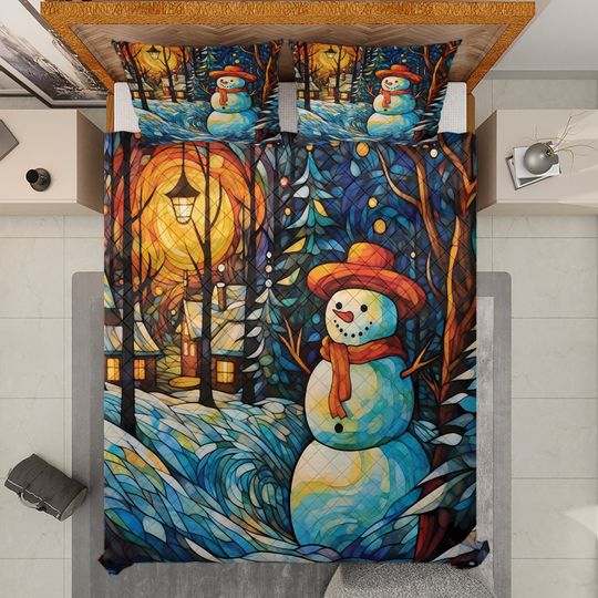 Vintage Snowman Quilt Bedding Set: Christmas Starry Night Decor