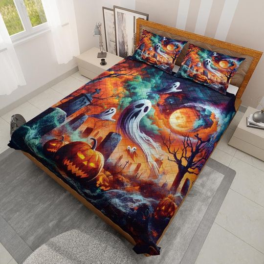 Halloween Quilt Bedding Set: Pumpkin Ghost Graveyard, Cottagecore Decor