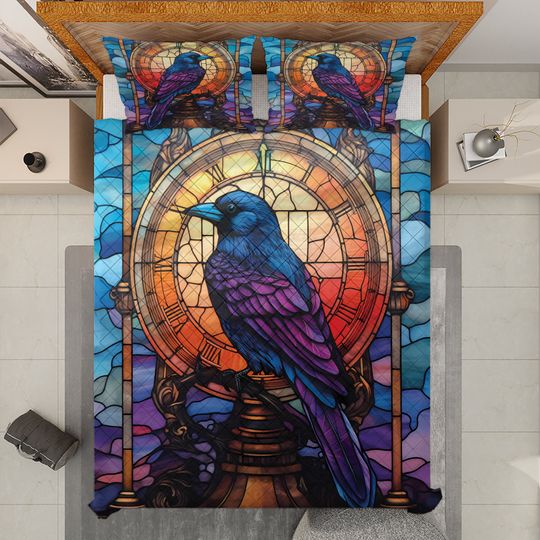Gothic Raven Quilt Bedding Set: Bird with Clock Blanket