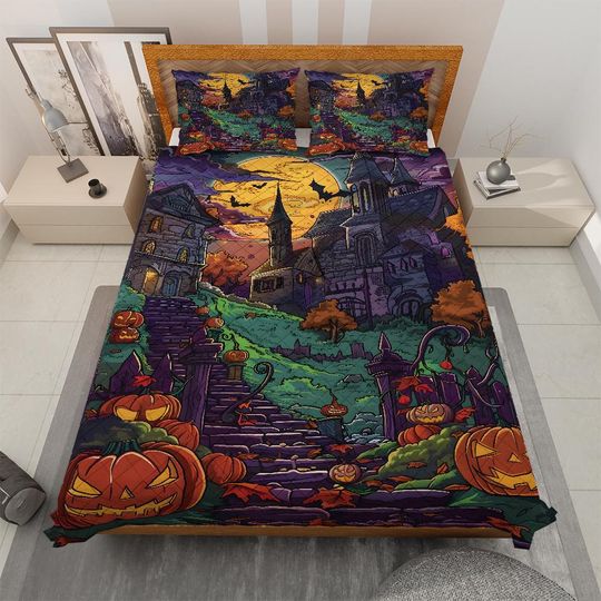 Vintage Halloween Town Quilt Bedding Set: Retro Pumpkin Blanket