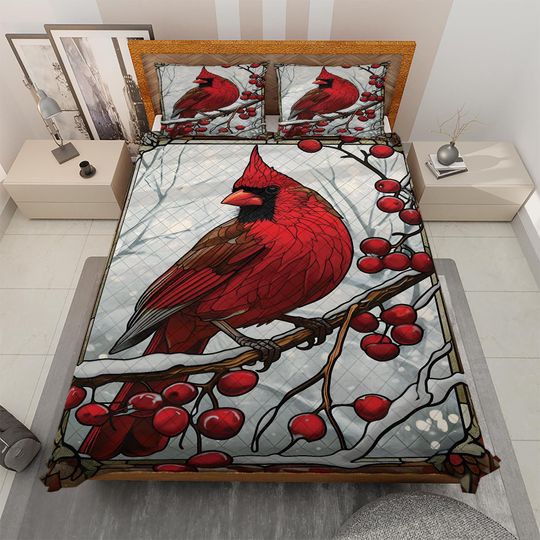 Vintage Cardinal Bird Christmas Quilt Bedding Set: Cottagecore Decoration
