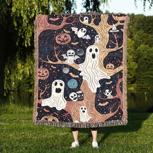 Vintage Halloween Woven Throw Blanket: Ghost, Pumpkin, Cottagecore Decor