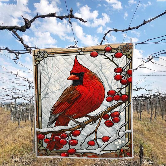 Vintage Cardinal Bird Christmas Quilt Bedding Set: Cottagecore Decoration