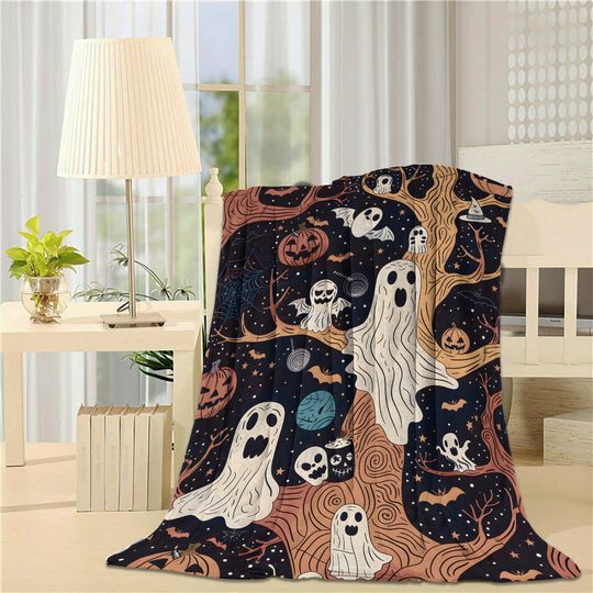 Vintage Halloween Woven Throw Blanket: Ghost, Pumpkin, Cottagecore Decor