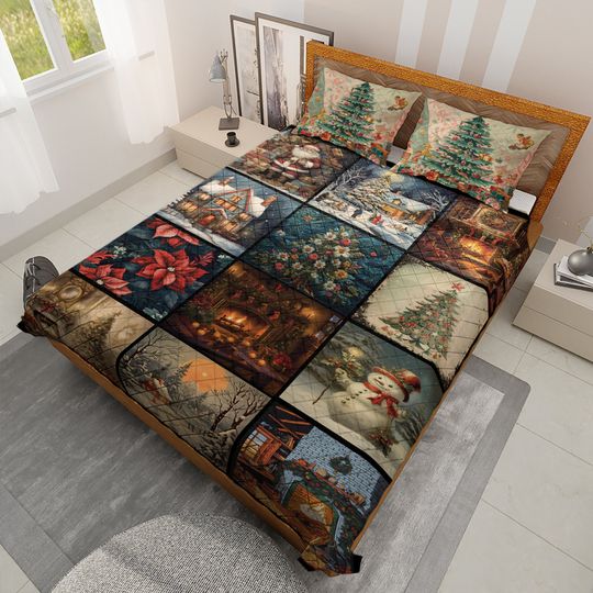 Vintage Christmas Collage Quilt Bedding Set: Snowman, Tree, Fireplace
