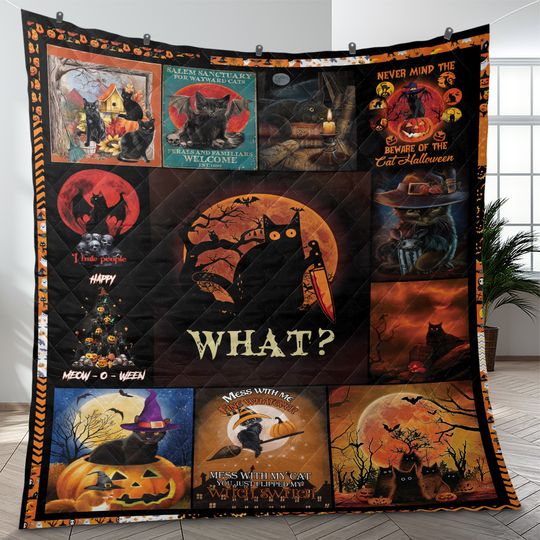 Vintage Halloween Quilt Bedding Set: Black Cat Witch Decor