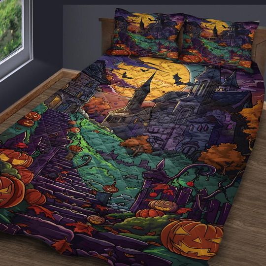 Vintage Halloween Town Quilt Bedding Set: Retro Pumpkin Blanket
