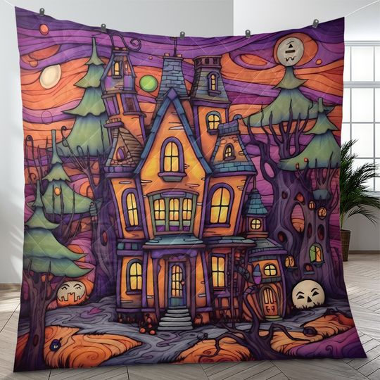 Retro Haunted House Quilt Bedding Set: Halloween Decor
