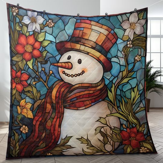 Vintage Snowman Christmas Quilt Bedding Set: Retro Floral Blanket