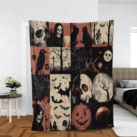 Vintage Halloween Woven Throw Blanket: Spooky Ghost, Bat & Raven Tapestry