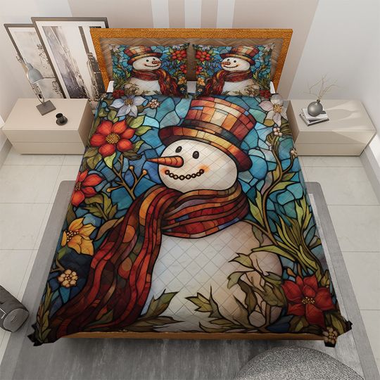 Vintage Snowman Christmas Quilt Bedding Set: Retro Floral Blanket