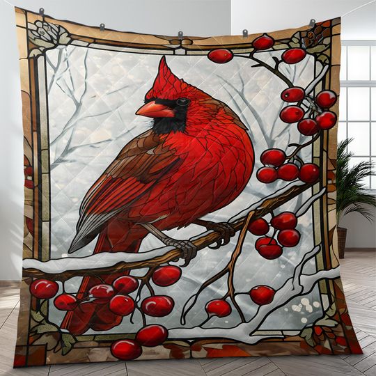 Vintage Cardinal Bird Christmas Quilt Bedding Set: Cottagecore Decoration