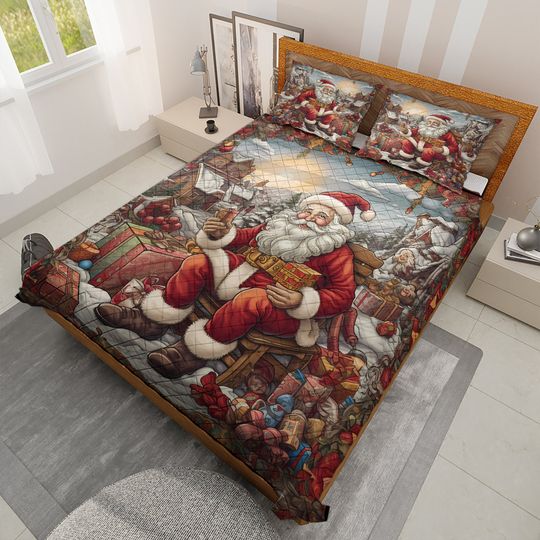 Vintage Santa Claus Christmas Quilt Bedding Set: Retro Holiday Decor