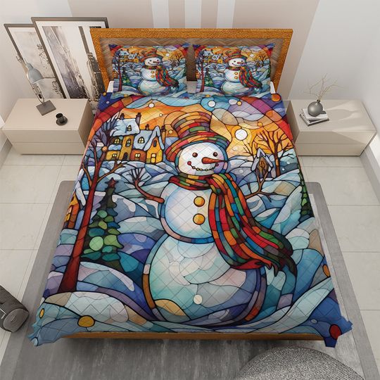 Vintage Snowman Quilt Bedding Set: Starry Night Christmas Decor