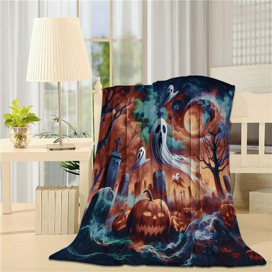 Halloween Graveyard Woven Throw Blanket: Pumpkins & Ghosts