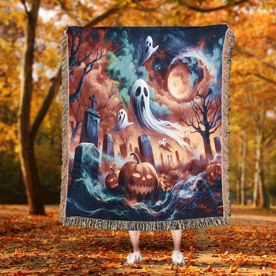 Halloween Graveyard Woven Throw Blanket: Pumpkins & Ghosts