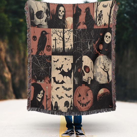 Vintage Halloween Woven Throw Blanket: Spooky Ghost, Bat & Raven Tapestry