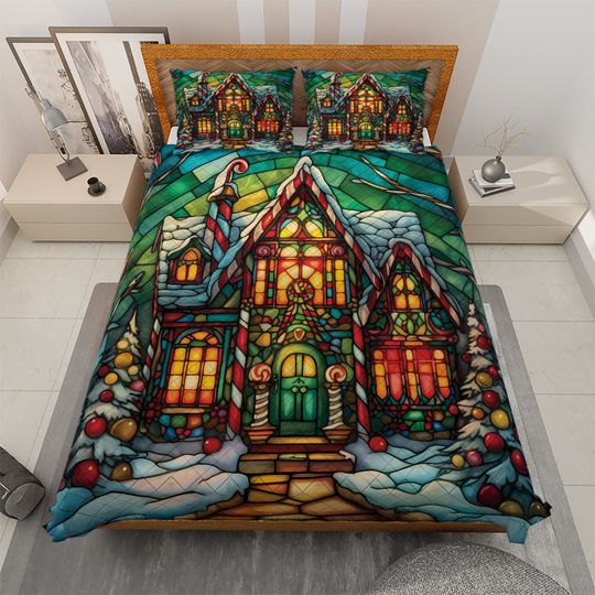 Vintage Gingerbread House Christmas Quilt Bedding Set