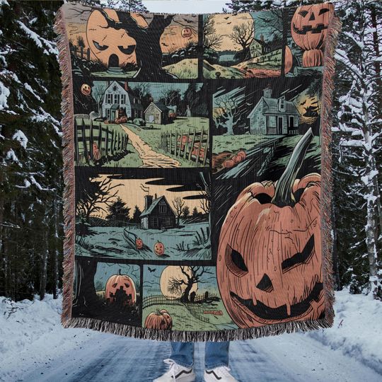 Retro Comic Jack-o'-lantern Halloween Woven Throw Blanket