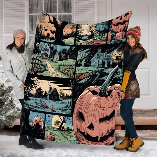 Retro Comic Jack-o'-lantern Halloween Woven Throw Blanket