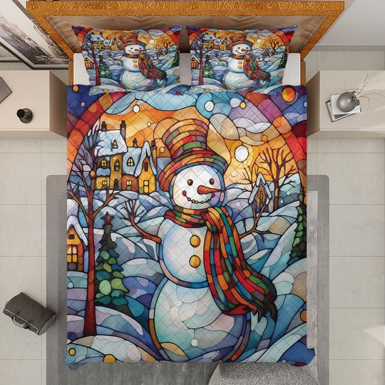 Vintage Snowman Quilt Bedding Set: Starry Night Christmas Decor