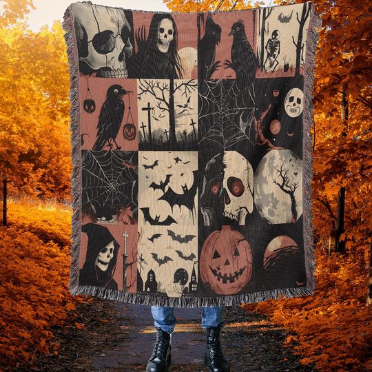 Vintage Halloween Woven Throw Blanket: Spooky Ghost, Bat & Raven Tapestry