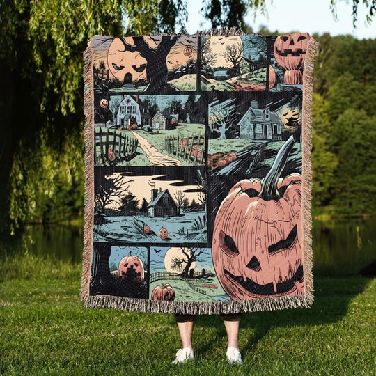 Retro Comic Jack-o'-lantern Halloween Woven Throw Blanket