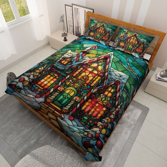 Vintage Gingerbread House Christmas Quilt Bedding Set