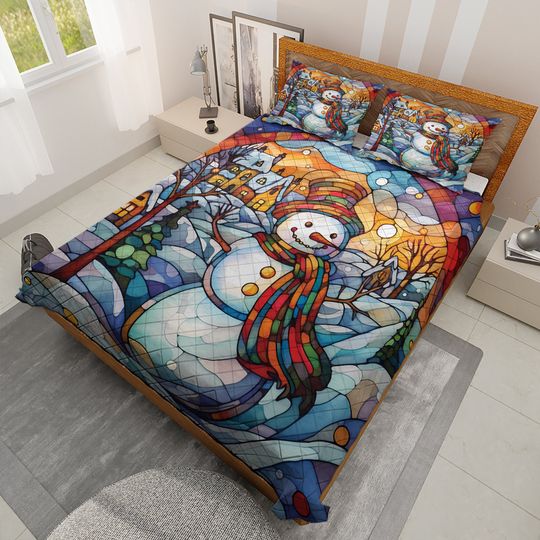 Vintage Snowman Quilt Bedding Set: Starry Night Christmas Decor