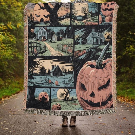 Retro Comic Jack-o'-lantern Halloween Woven Throw Blanket