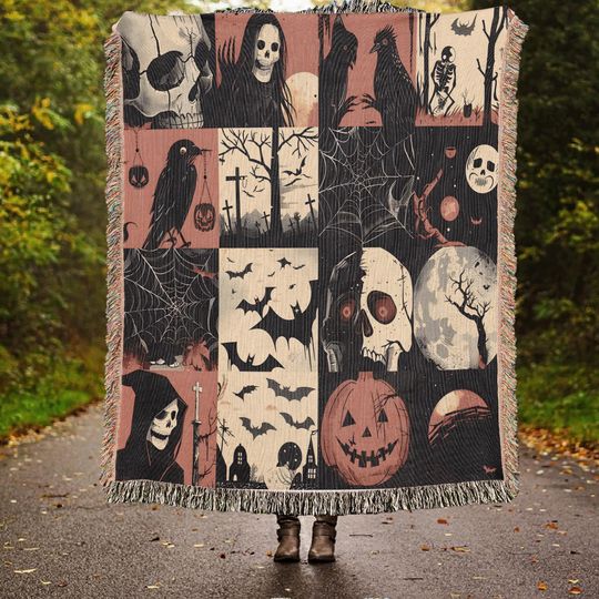 Vintage Halloween Woven Throw Blanket: Spooky Ghost, Bat & Raven Tapestry