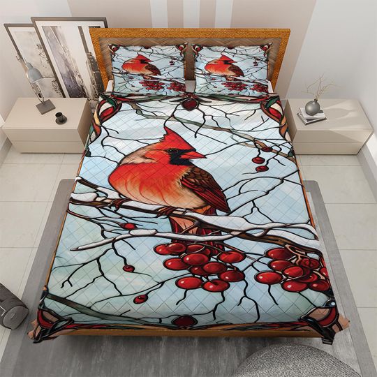 Retro Cardinal Bird Christmas Quilt Bedding Set: Cottagecore Decor