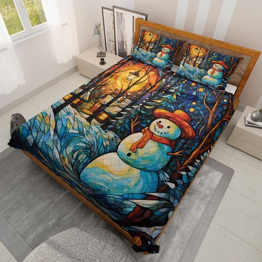 Vintage Snowman Quilt Bedding Set: Christmas Starry Night Decor