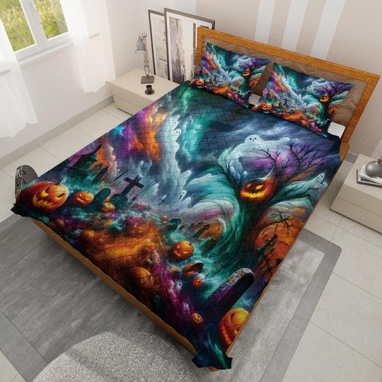 Halloween Bedding Set: Pumpkin Ghost, Starry Night Quilt, Spooky Decor