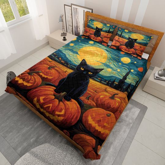 Halloween Quilt Bedding Set: Black Cat, Pumpkins, Starry Night