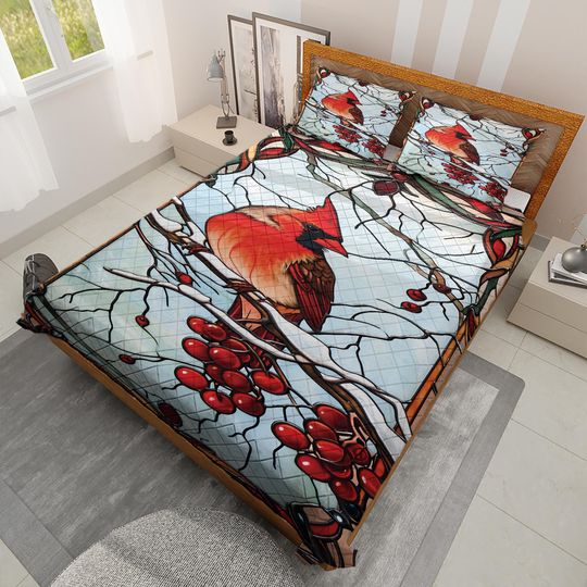 Retro Cardinal Bird Christmas Quilt Bedding Set: Cottagecore Decor
