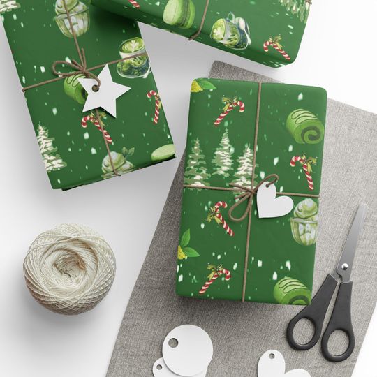 Matcha Dessert Matcha Christmas Wrapping Papers | Holiday Dessert Pattern