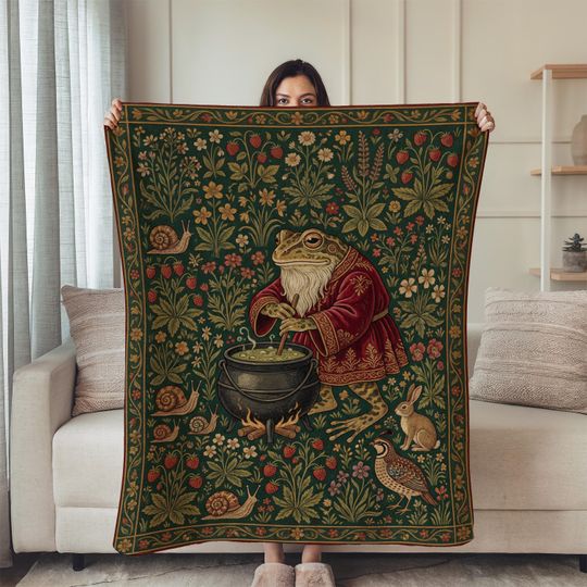 Frog Wizard Blanket, Cottagecore Blanket, Medieval Woven Tapestry
