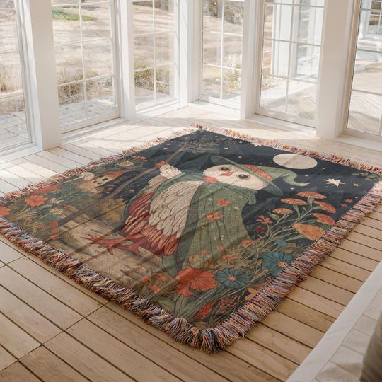 Owl Wizard Woven Blanket: Magical Cottagecore Tapestry
