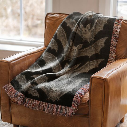 Bat Cotton Woven Blanket: Spooky Halloween Tapestry, Gothic Home Decor