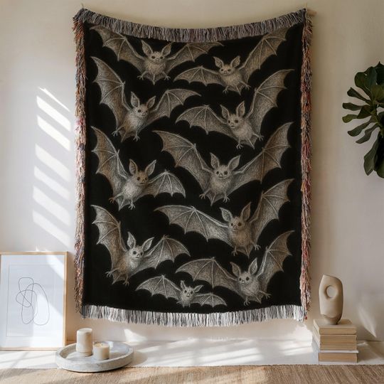Bat Cotton Woven Blanket: Spooky Halloween Tapestry, Gothic Home Decor