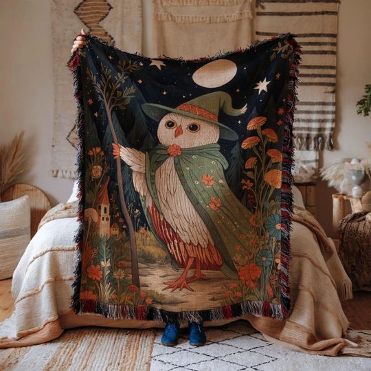 Owl Wizard Woven Blanket: Magical Cottagecore Tapestry