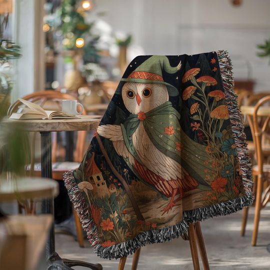 Owl Wizard Woven Blanket: Magical Cottagecore Tapestry