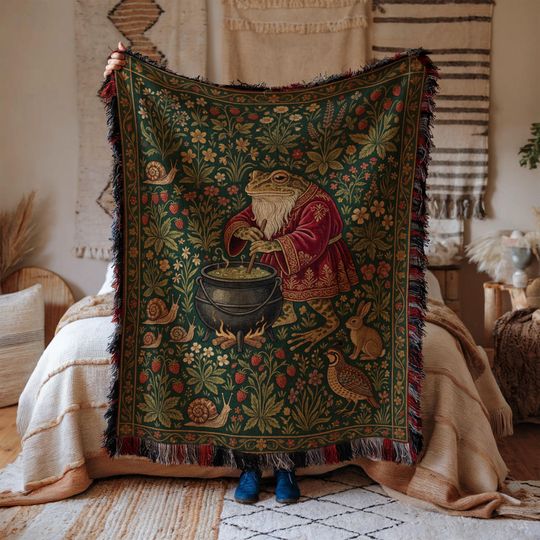 Frog Wizard Blanket, Cottagecore Blanket, Medieval Woven Tapestry
