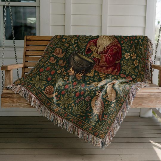 Frog Wizard Blanket, Cottagecore Blanket, Medieval Woven Tapestry