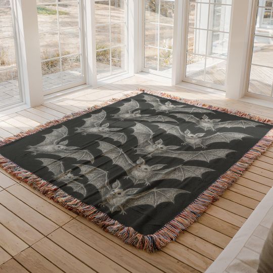 Bat Cotton Woven Blanket: Spooky Halloween Tapestry, Gothic Home Decor